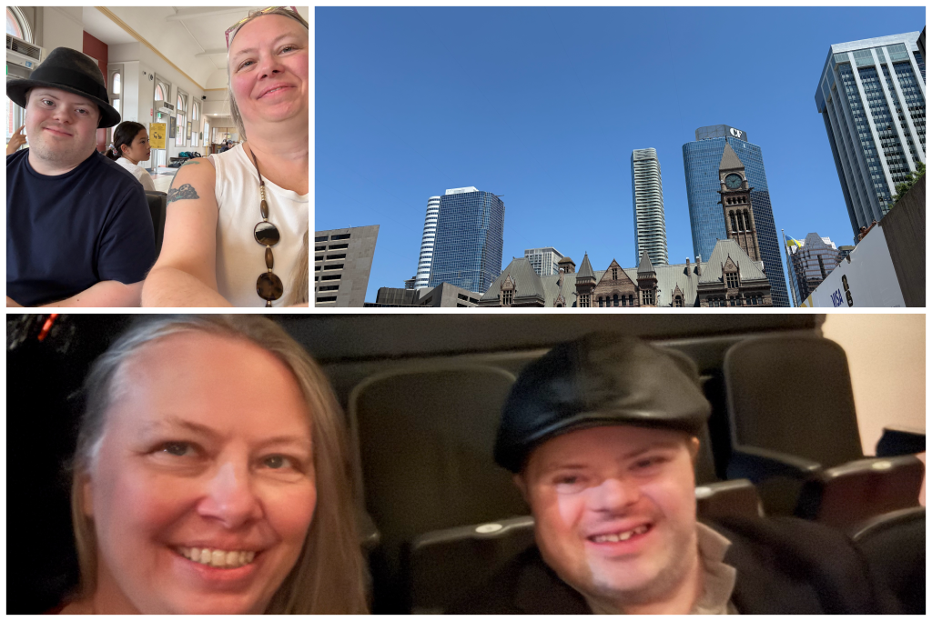 collage of threeimages. Top left is selfie of Marcus and Mardra smiling while at Train station. Top right is picture of Tornoto Skyline under clear blue skiy. Bottom is another selfie of Mardra and Marcus, Marcus weasring a cool, black, flat cap, in a theater holding a playbill.